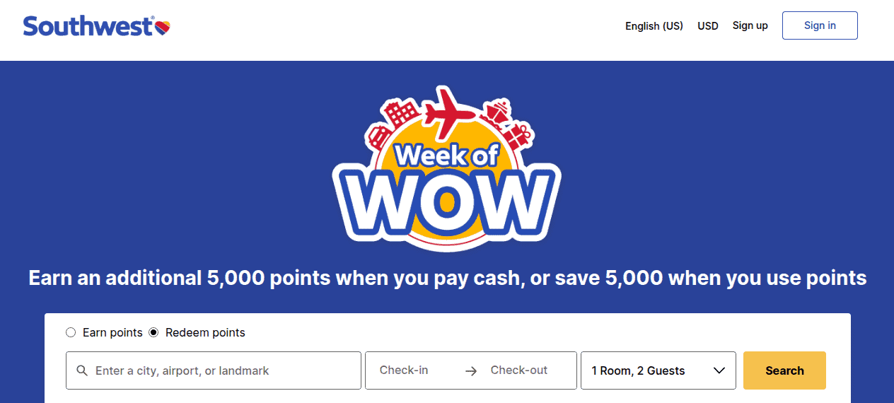 Southwest Hotels homepage showing 