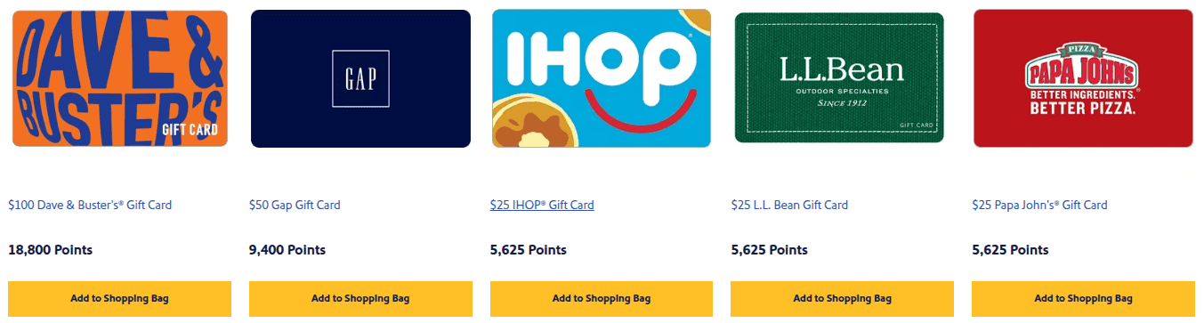 Southwest More Rewards portal showing gift cards from brands available for purchase using Rapid Rewards points