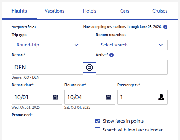 Southwest Airlines flight search page showing the 