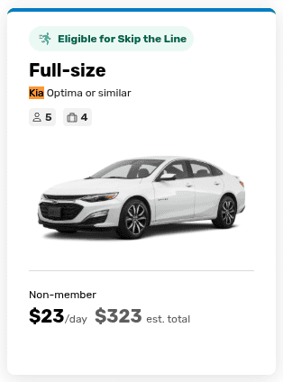 Thrifty car rental full-size Kia Optima price showing $23 per day and $323 total for a 7-day rental in Denver