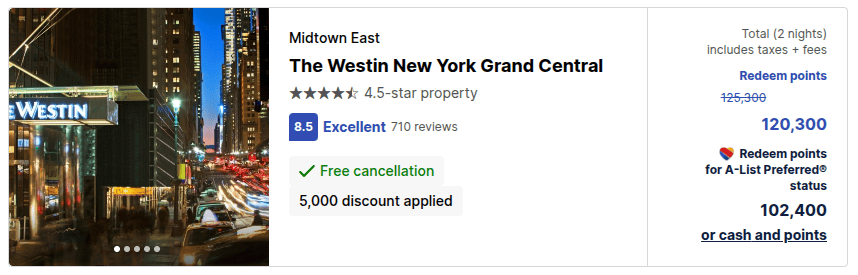 The Westin New York Grand Central hotel listing showing a two night stay costing 120,300 Southwest Rapid Rewards points