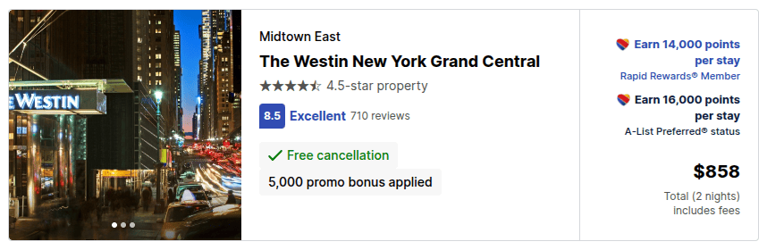 The Westin New York Grand Central hotel listing showing 14,000 Rapid Rewards points earned per stay when booked through Southwest Hotels