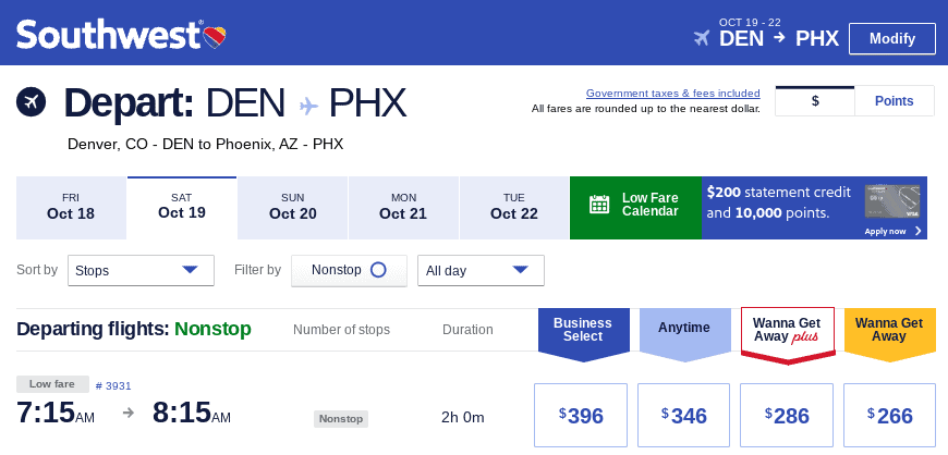 Award Pricing for Flights on Southwest Airlines Cash Cash