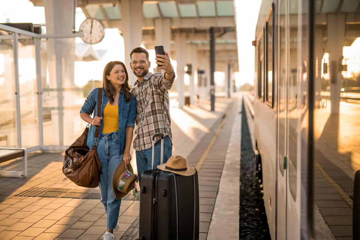 Couple taking a selfie with their luggage while waiting for a train at the station.