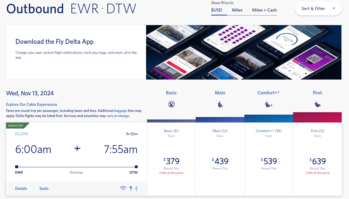 Award Pricing for Flights on Delta Air Lines_cash