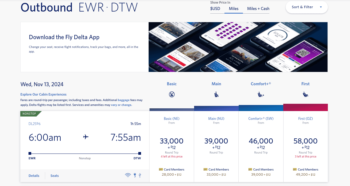 Award Pricing for Flights on Delta Air Lines_points