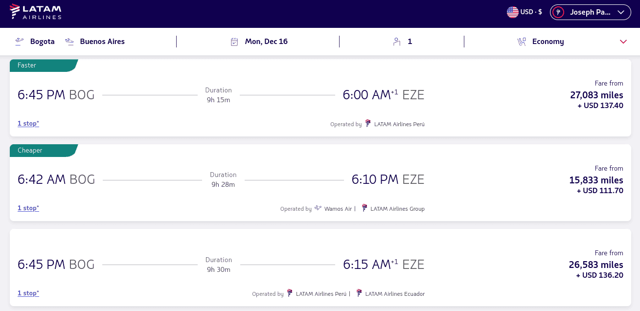 Award Pricing for Flights on LATAM