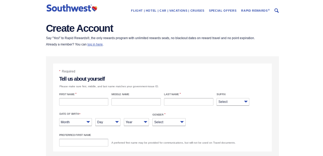 Southwest create an account