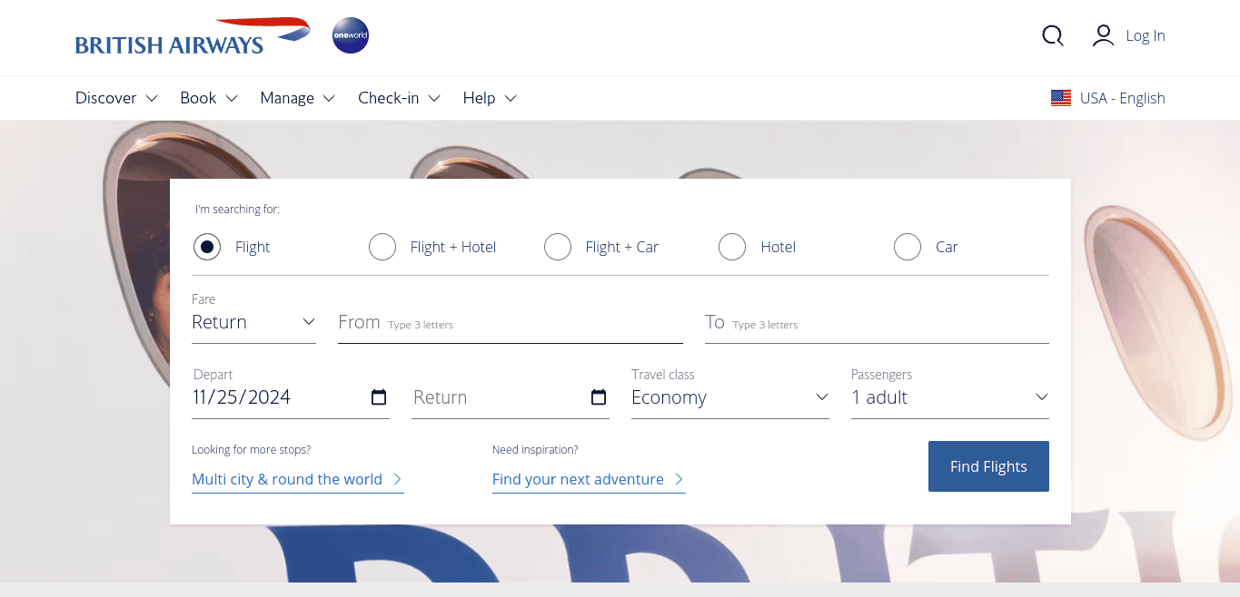 British Airways flight booking page for selecting flights, class, and dates.