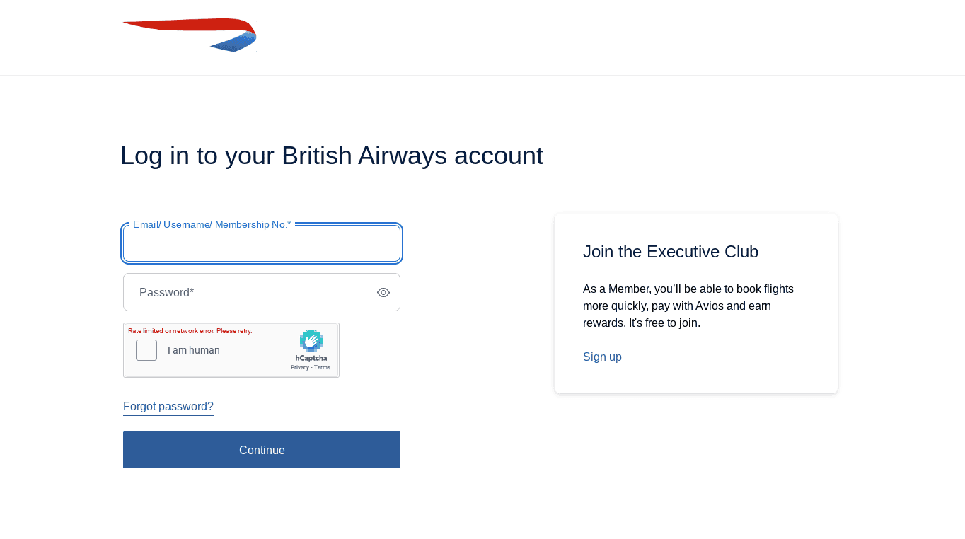 British Airways website login page
