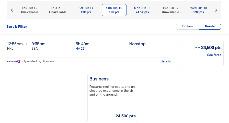 Hawaiian Airlines business class award flight from Honolulu to Seattle on June 15, 2025, for 24,500 points