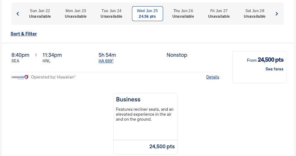 Hawaiian Airlines business class award flight from Seattle to Honolulu on June 25, 2025, for 24,500 points