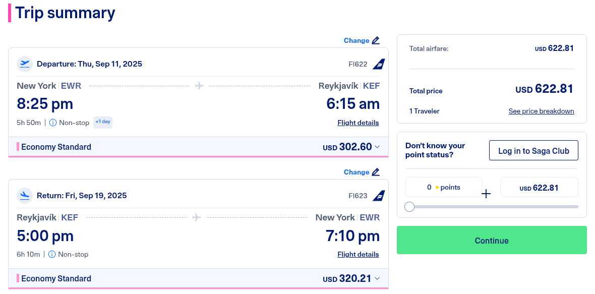 Icelandair roundtrip flight summary from New York EWR to Reykjavik KEF in September 2025 with total price