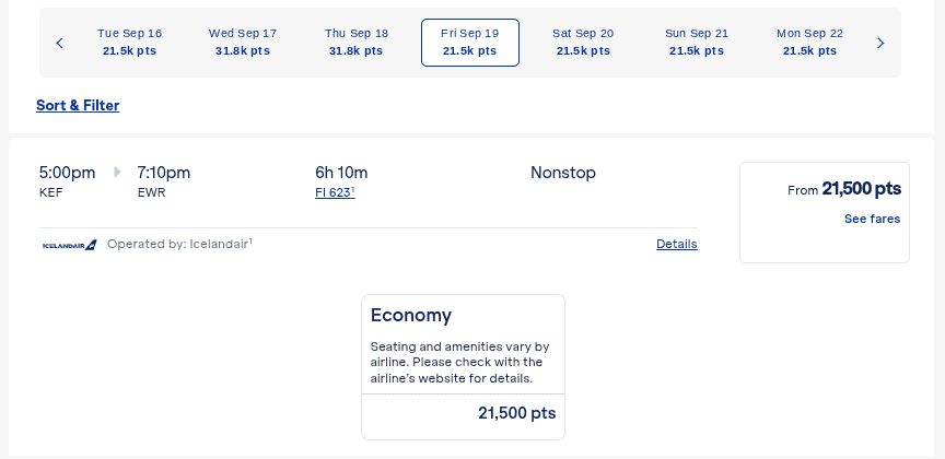 Icelandair nonstop award flight from Keflavik to Newark for 21,500 points