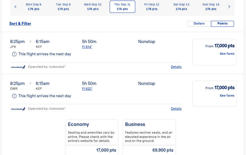 Icelandair nonstop award flights from New York to Keflavik starting at 17,000 points