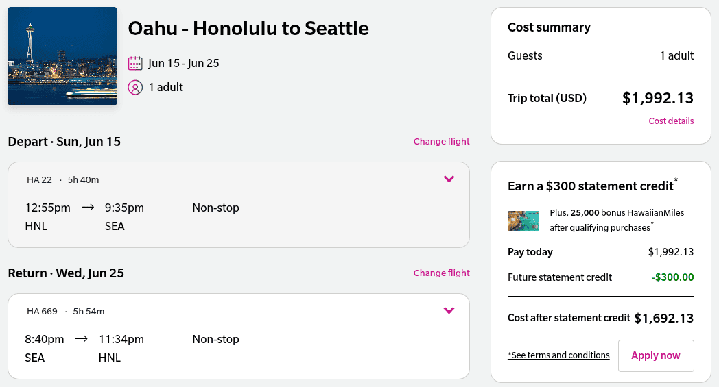 Oahu Honolulu to Seattle roundtrip flight details with cost summary and statement credit offer