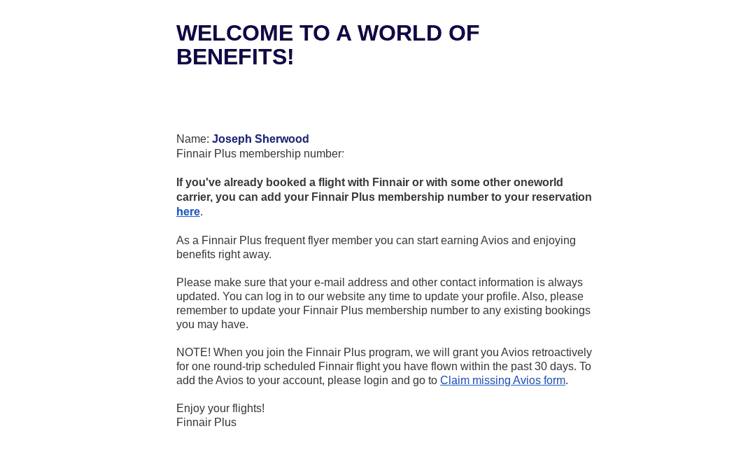 welcome letter from Finnair