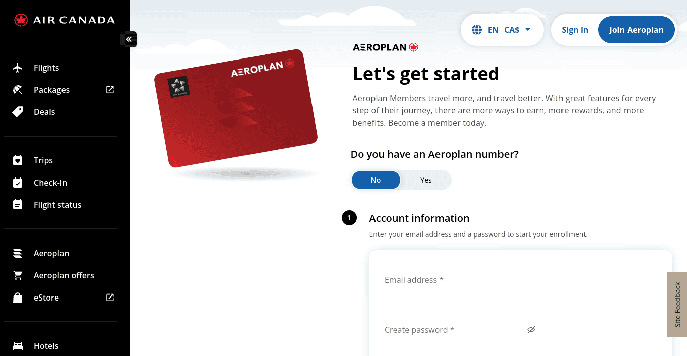 Creating a member account for the Aeroplan program