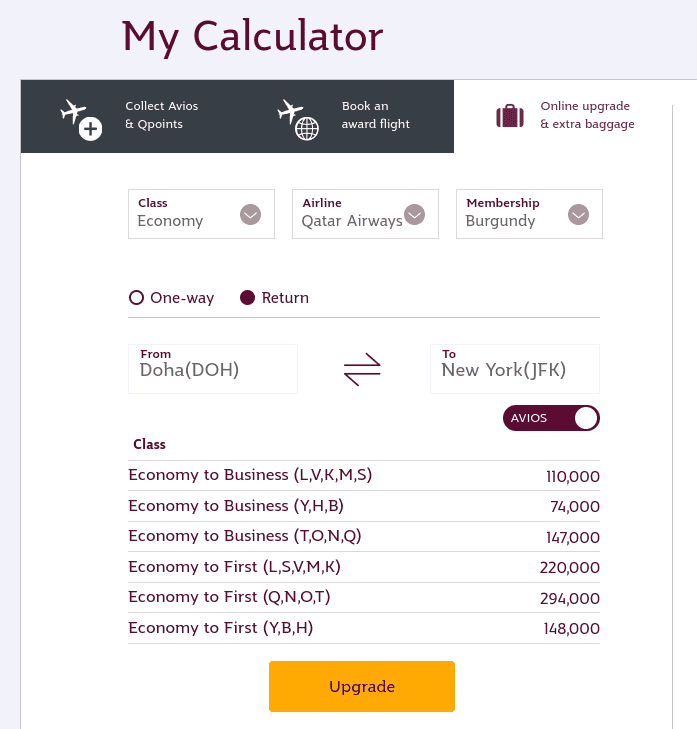 Check the price upgrade on the My Calculator tool on the Qatar Airways Privilege Club website.