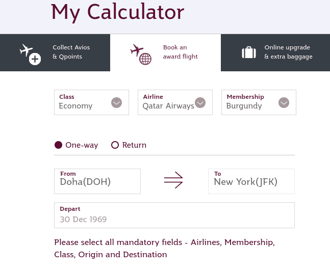 My Calculator tool on the Qatar Airways Privilege Club website