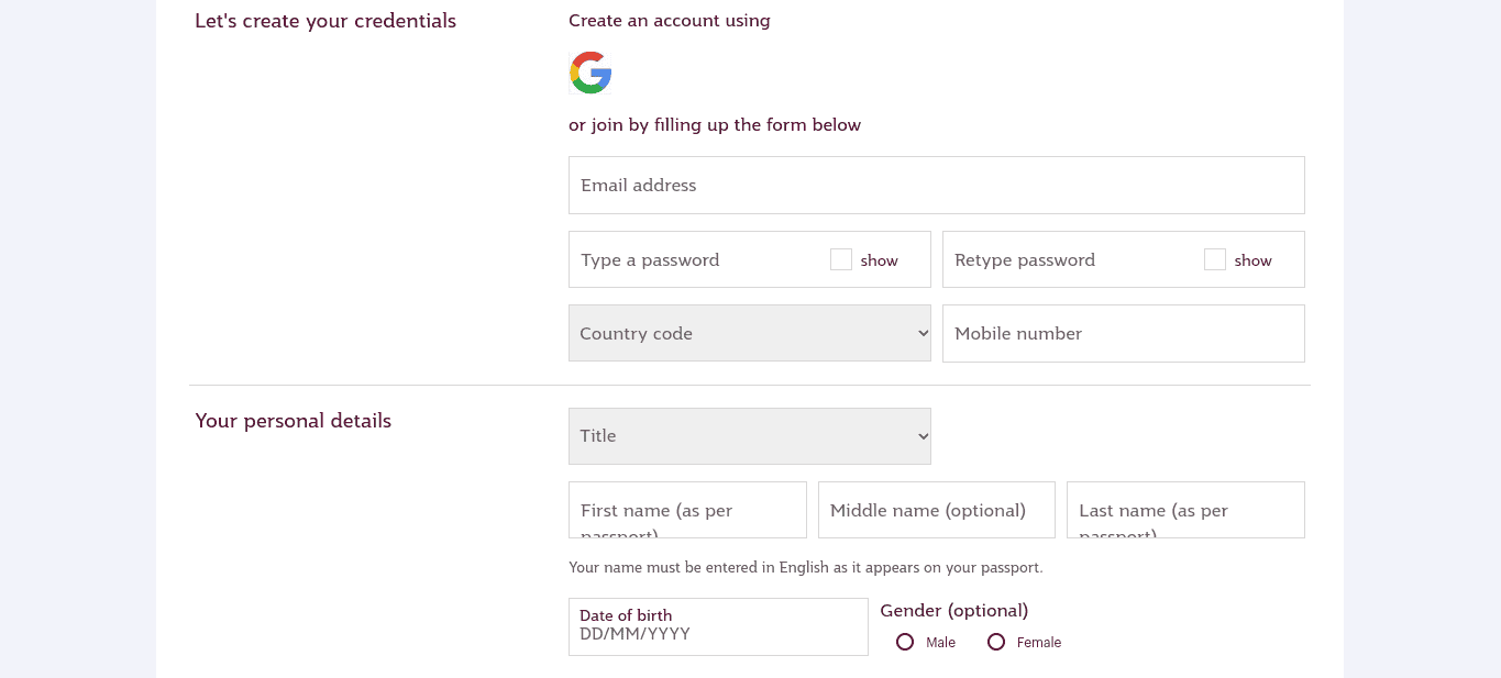 Qatar Airways - Personal information