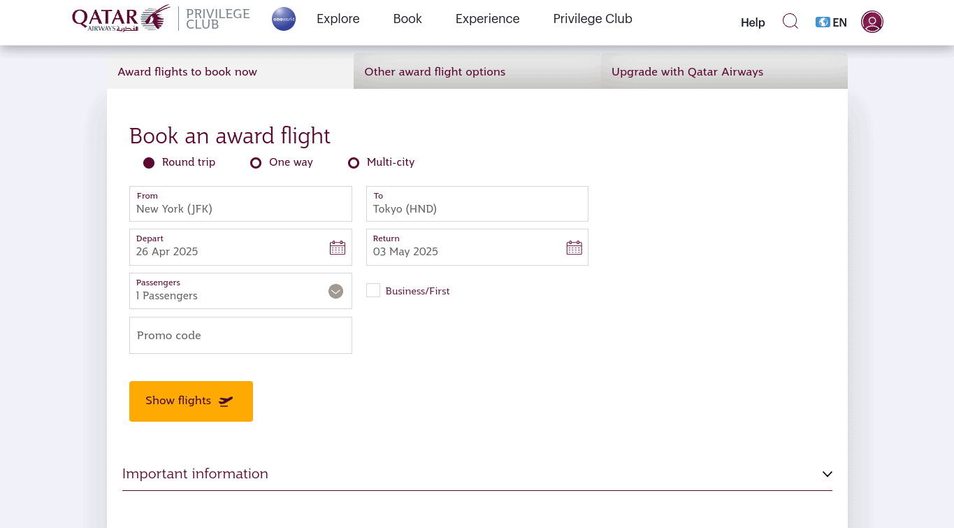 Qatar Airways website - Book an award flight