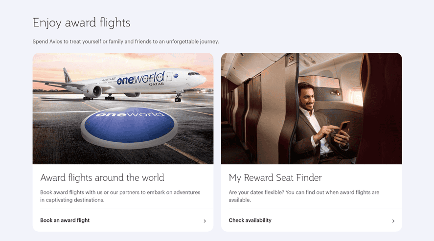 Qatar Airways website - search for award flight availability