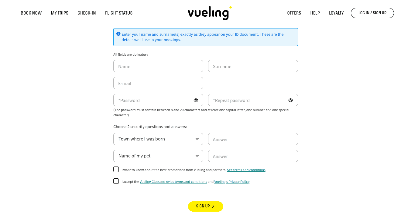 Vueling Club - Account registration