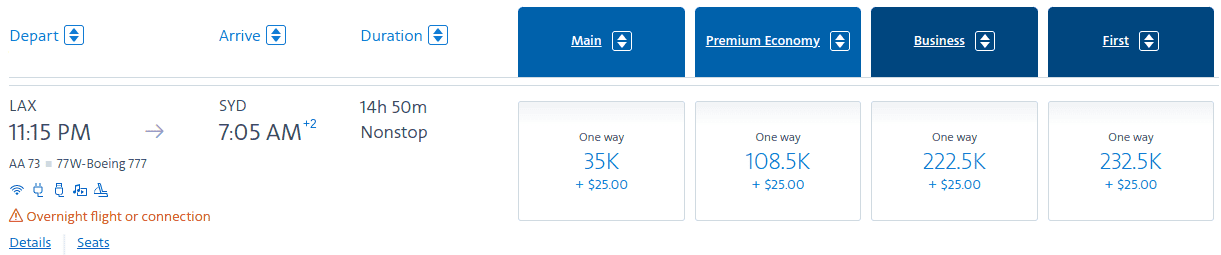 Award flight from Los Angeles to Sydney booked directly through American Airlines