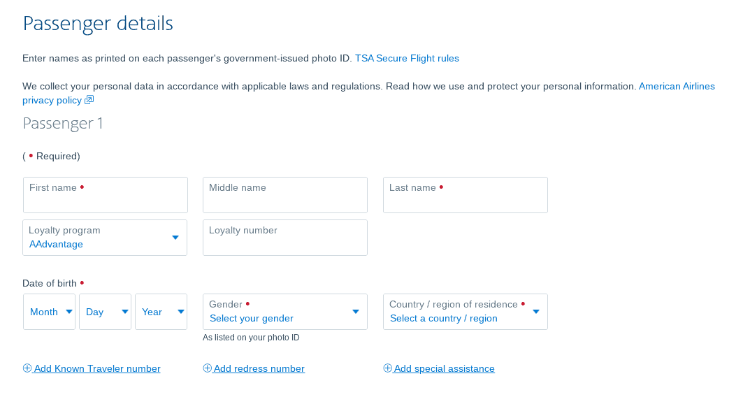 American Airlines website - Passenger details