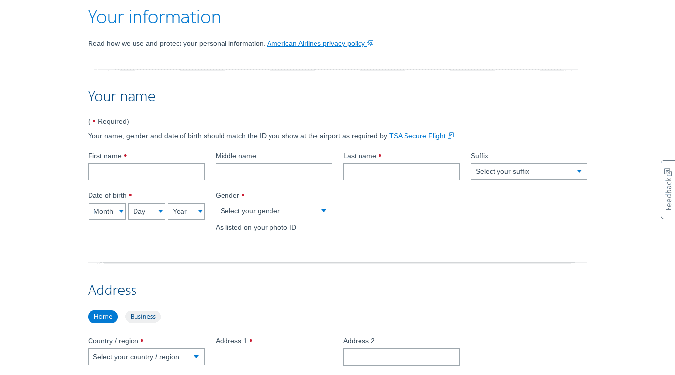 American Airlines website - Personal Information