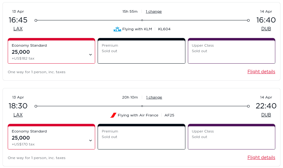 Economy flight with Air France or KLM from Los Angeles (LAX) to Dublin (DUB)