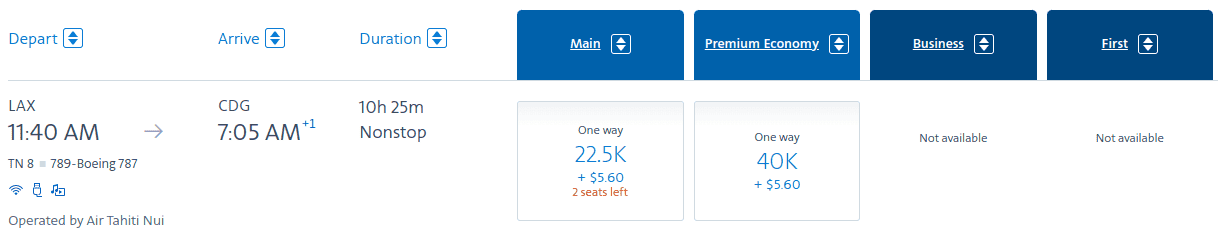 Economy flight with Air Tahiti from Los Angeles (LAX) to Paris (CDG)