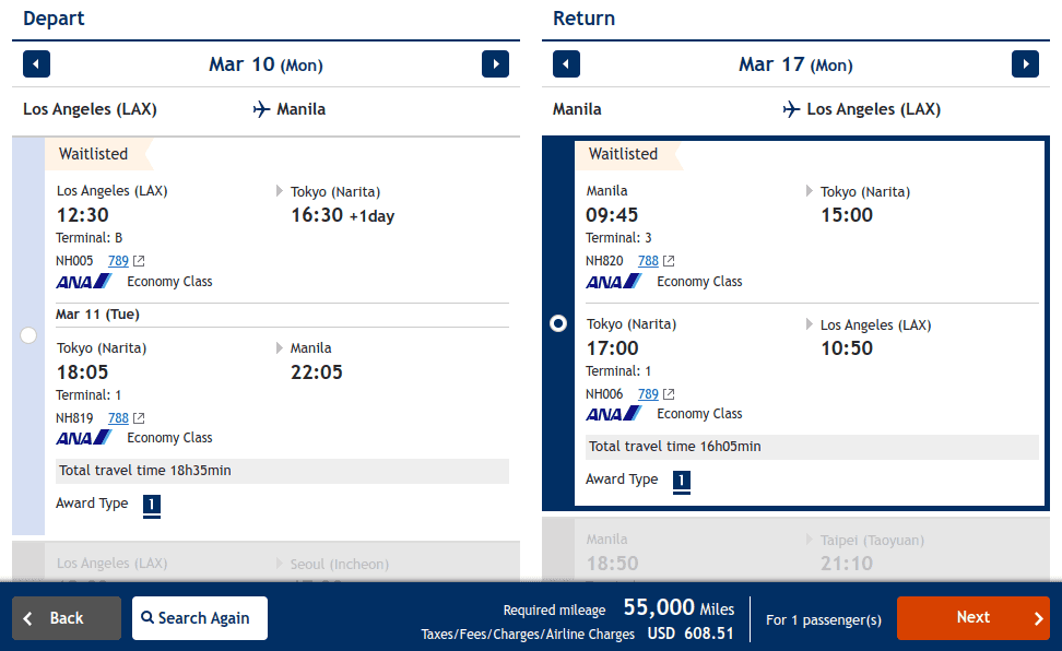Los Angeles to Manila (MNL) via ANA
