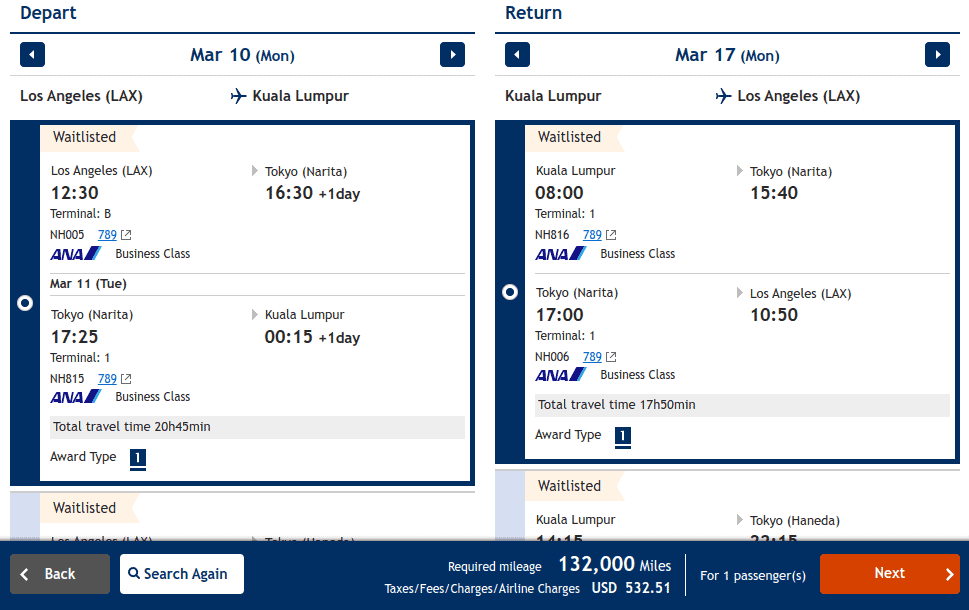 Los Angeles to Tokyo, then Kuala Lumpur (KUL) via ANA.