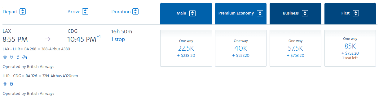 First-class flight with British Airways from Los Angeles (LAX) to Paris (CDG) with a connection in London