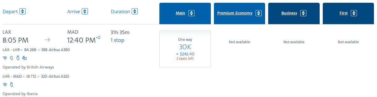 Economy flight with British Airways from Los Angeles (LAX) to Madrid with a stopover in London
