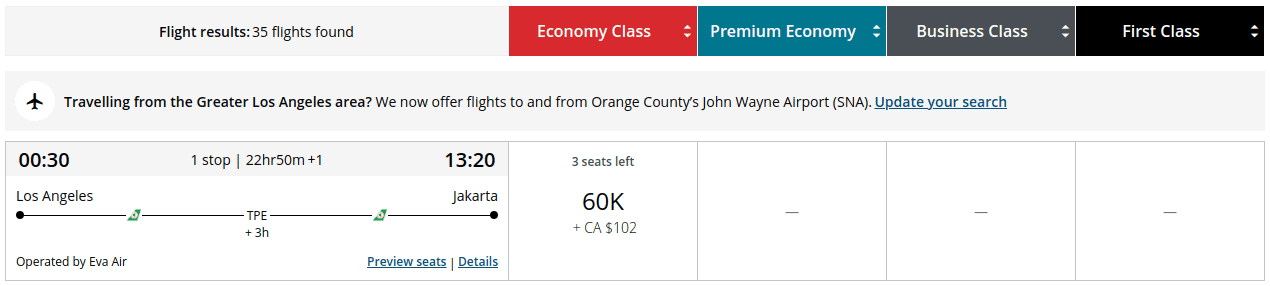 Economy flight from Los Angeles (LAX) to Jakarta with EVA Air