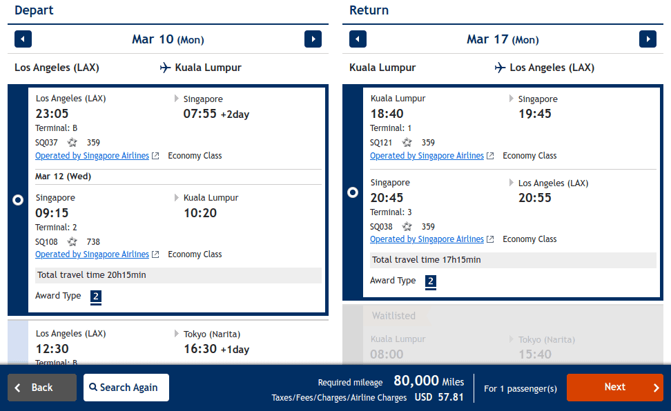 Los Angeles (LAX) Economy flight with Singapore Airlines to Kuala Lumpur, with a connection in Singapore (SIN).