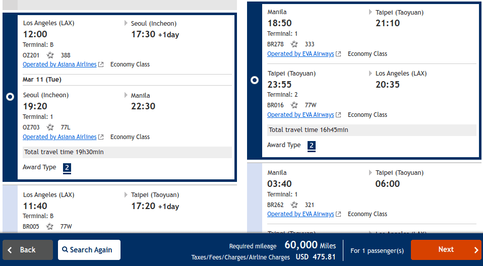 Economy class flight with Asiana Airlines from Los Angeles (LAX) to Seoul (ICN), onward to Manila, and then back with a stop in Taipei