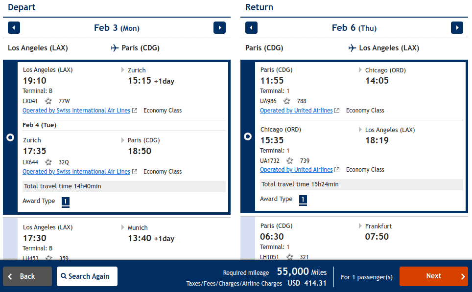 Economy flight to Paris via Zurich (ZRH) with Swiss and fly back via Chicago (ORD) with United