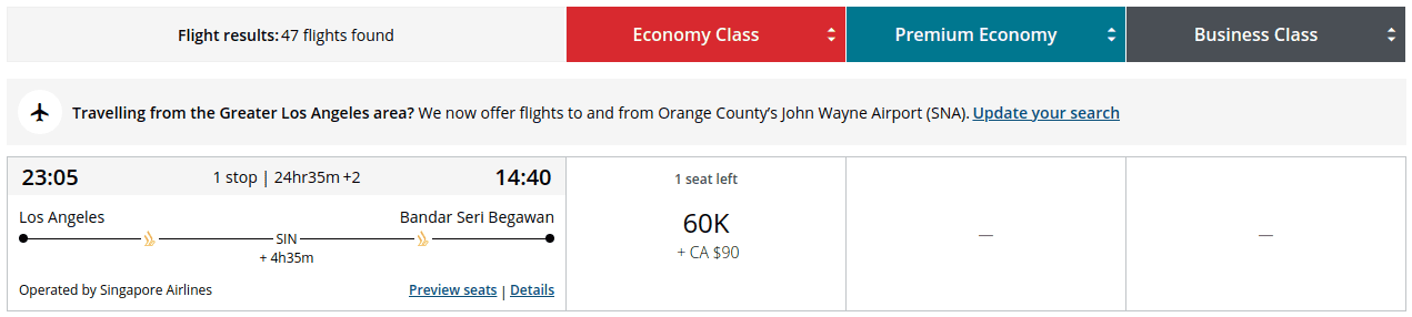 Economy flight with Singapore Airlines from Los Angeles (LAX) to Brunei (BWN).