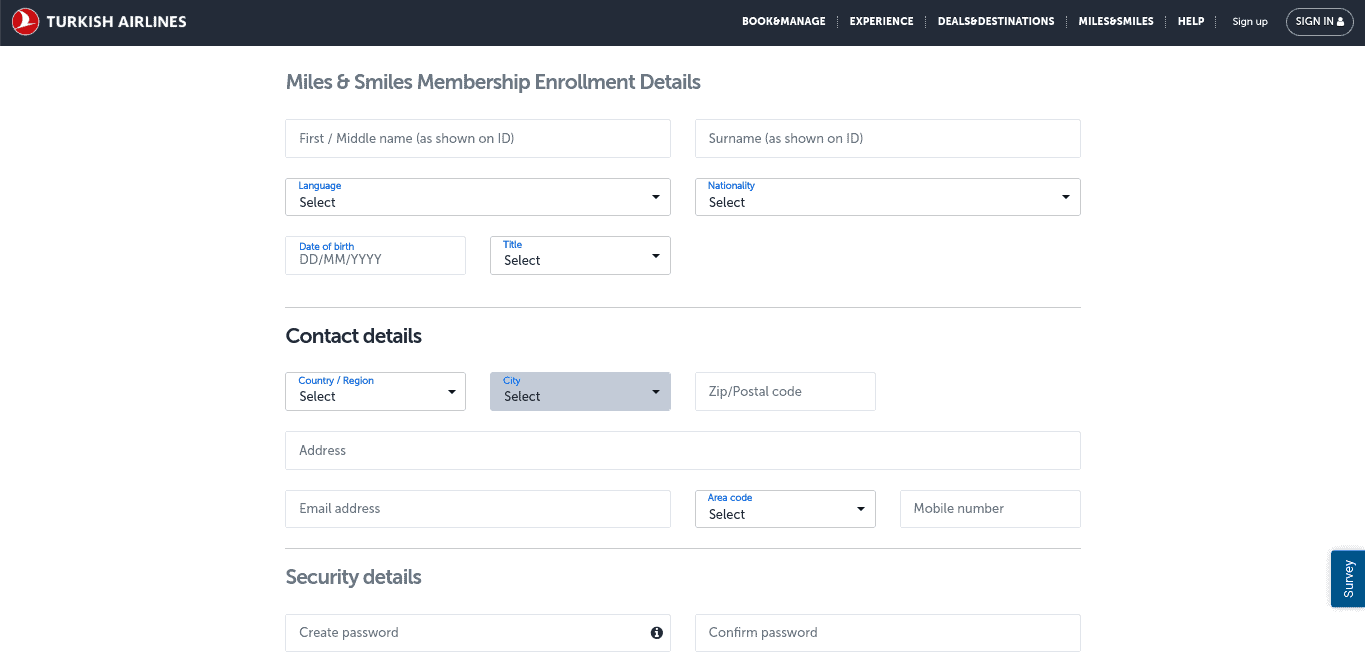 Turkish Airlines website - Membership Enrollment Details