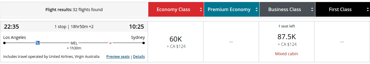 United flight from Los Angeles to Sydney with a connection in Melbourne