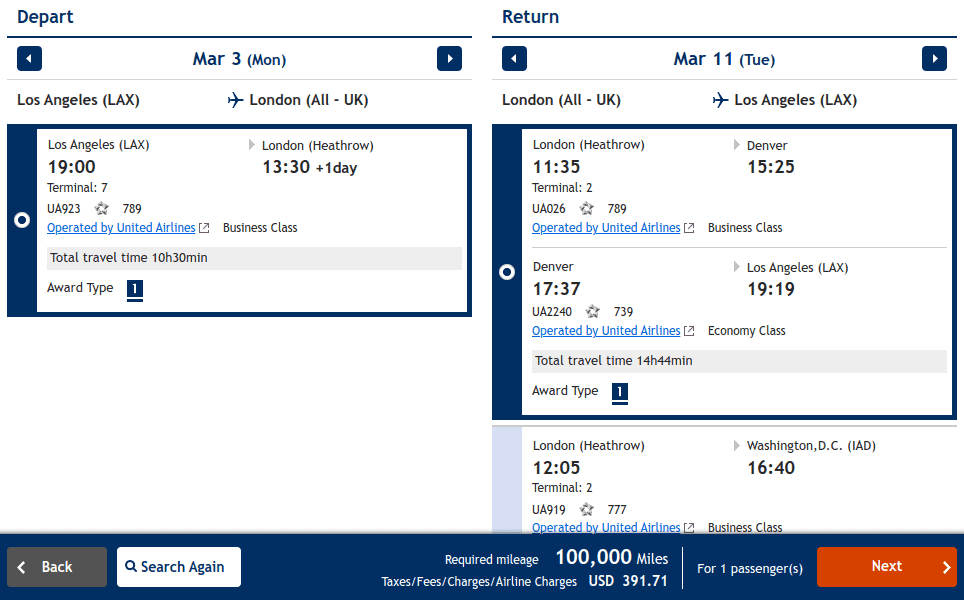 Flight with United from Los Angeles (LAX) to London for 100,000 miles