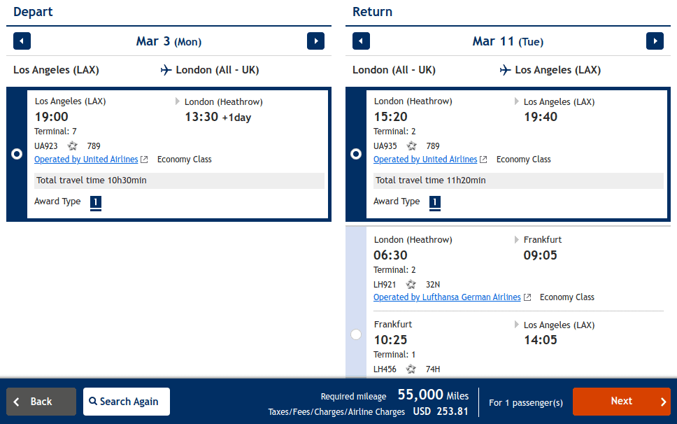Economy flight with United from Los Angeles (LAX) to London for 55,000 miles