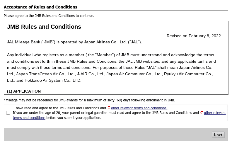 JAL Mileage Bank Program - Terms and conditions