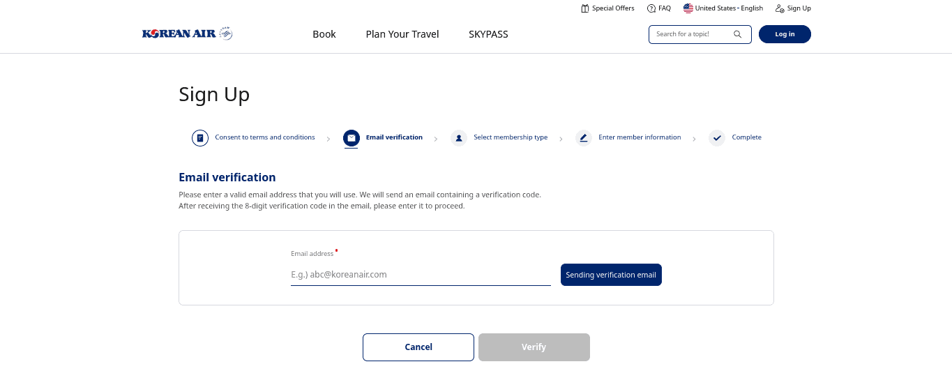 Korean Air Skypass website - Email Verification