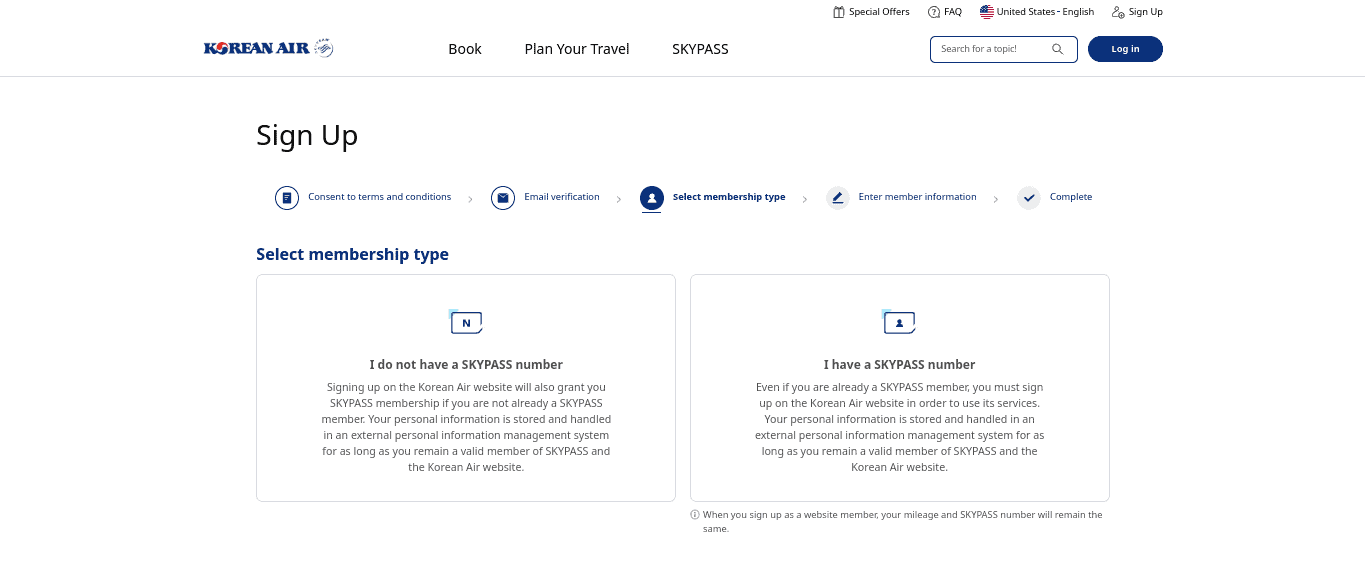 Korean Air Skypass website - Membership Type