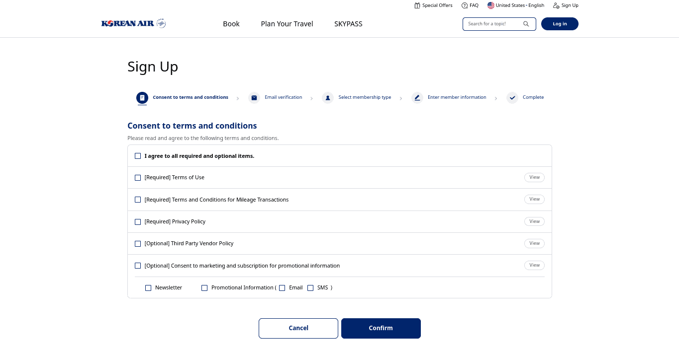 Korean Air Skypass website - Terms and Conditions